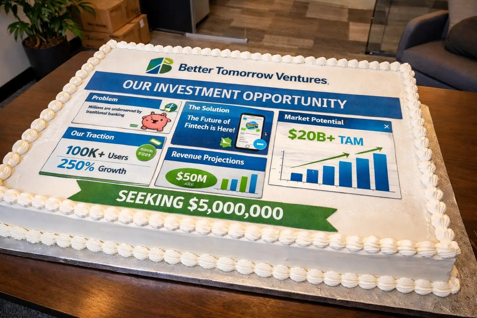 Large custom startup pitch deck cake delivered to Better Tomorrow Ventures office, featuring printed slides with fintech investment proposal, $20B+ TAM market chart, revenue projections, 100K+ users growth metrics, and “Seeking $5,000,000” funding message in a modern venture capital firm setting.