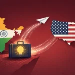 Minimalist flat vector illustration on a deep red background showing the silhouette of India on the left and the United States on the right, separated by negative space. A white paper airplane arcs from India toward the U.S., leaving a dotted light trail. Below, a dark suitcase with a glowing lightbulb symbol suggests migrating innovation. Soft cinematic lighting and subtle shadows create depth, symbolizing the movement of AI talent and its impact on India’s tech future.