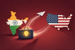 Minimalist flat vector illustration on a deep red background showing the silhouette of India on the left and the United States on the right, separated by negative space. A white paper airplane arcs from India toward the U.S., leaving a dotted light trail. Below, a dark suitcase with a glowing lightbulb symbol suggests migrating innovation. Soft cinematic lighting and subtle shadows create depth, symbolizing the movement of AI talent and its impact on India’s tech future.