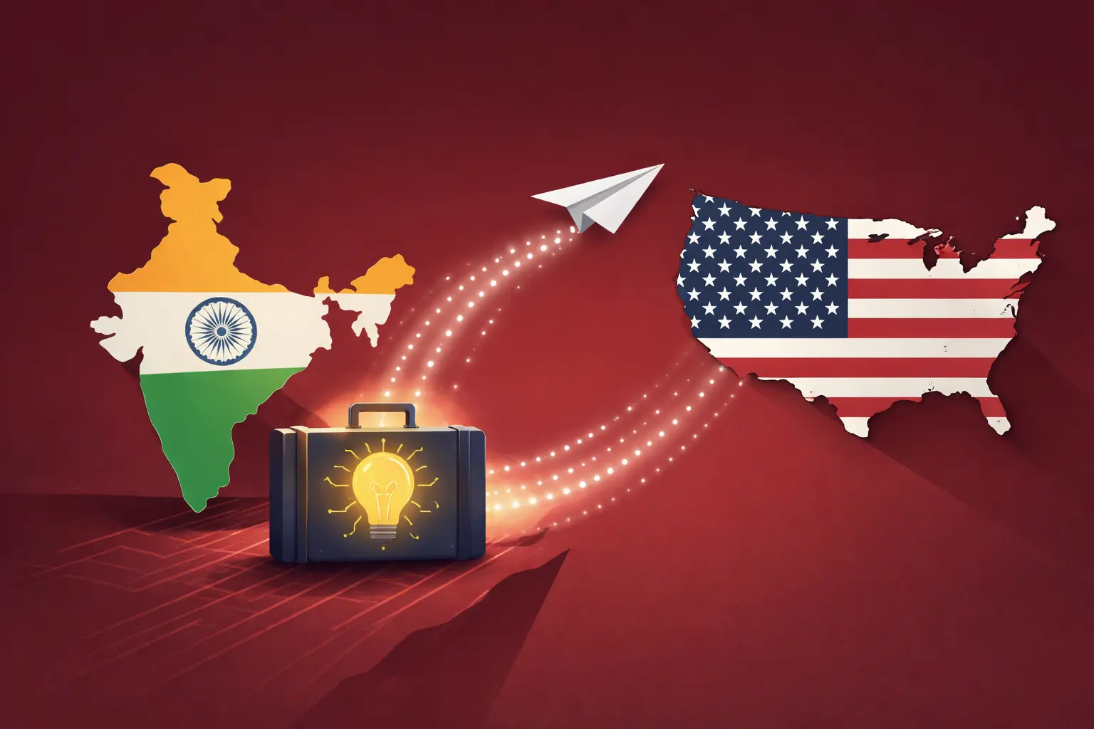 Minimalist flat vector illustration on a deep red background showing the silhouette of India on the left and the United States on the right, separated by negative space. A white paper airplane arcs from India toward the U.S., leaving a dotted light trail. Below, a dark suitcase with a glowing lightbulb symbol suggests migrating innovation. Soft cinematic lighting and subtle shadows create depth, symbolizing the movement of AI talent and its impact on India’s tech future.