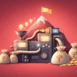 Minimalist flat vector illustration in deep pink tones showing a stylized machine at the base of a mountain peak. Glowing lightbulbs flow into the machine through a funnel, while gears and pipes convert them into gold coins that spill into money bags below. A small flag sits atop the peak, symbolizing ambition and market leadership. Soft cinematic lighting, subtle shadows, and generous negative space create a premium magazine-cover composition representing a venture capital engine driven by conviction and disciplined investing. Peak XV