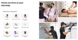 Urban Company app interface showing InstaHelp and home service categories alongside professionals providing salon, massage, appliance repair and cleaning services in Indian homes.