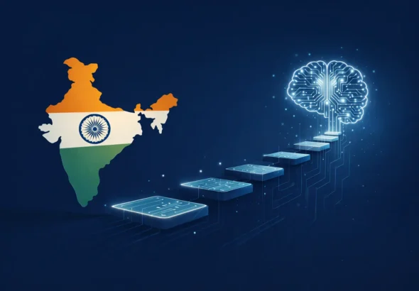 Minimalist flat vector illustration on a deep navy background showing the silhouette of India in muted tricolor tones on the left, transitioning into glowing digital circuit-like platforms that rise step-by-step toward a luminous AI brain on the right. Soft cinematic lighting and subtle depth create a sense of ambition and forward momentum, with clean negative space and a single strategic accent glow highlighting India’s leap into artificial intelligence.