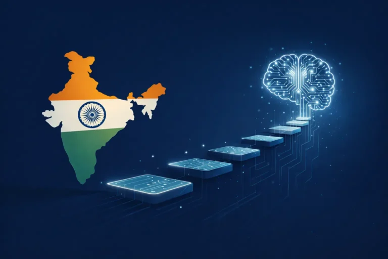 Minimalist flat vector illustration on a deep navy background showing the silhouette of India in muted tricolor tones on the left, transitioning into glowing digital circuit-like platforms that rise step-by-step toward a luminous AI brain on the right. Soft cinematic lighting and subtle depth create a sense of ambition and forward momentum, with clean negative space and a single strategic accent glow highlighting India’s leap into artificial intelligence.