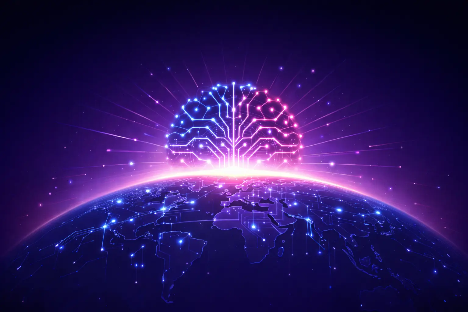Minimalist editorial illustration of a glowing AI neural network rising over a digital globe with spreading circuit lines, symbolizing OpenAI’s global expansion and the accelerating artificial intelligence race.”