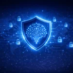 **SEO-friendly Alt Text:** “Futuristic blue themed illustration of a glowing AI shield with a neural network at the center, surrounded by connected padlock icons across a digital world map, symbolizing Claude AI and global cybersecurity powered by artificial intelligence.”