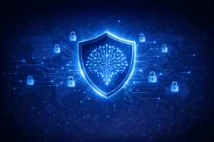 **SEO-friendly Alt Text:** “Futuristic blue themed illustration of a glowing AI shield with a neural network at the center, surrounded by connected padlock icons across a digital world map, symbolizing Claude AI and global cybersecurity powered by artificial intelligence.”