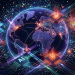 “Cinematic editorial illustration of a glowing digital globe connected to AI microchips through neon blue, orange, and purple data streams on a dark high tech background, symbolizing the global semiconductor network powering artificial intelligence and data infrastructure