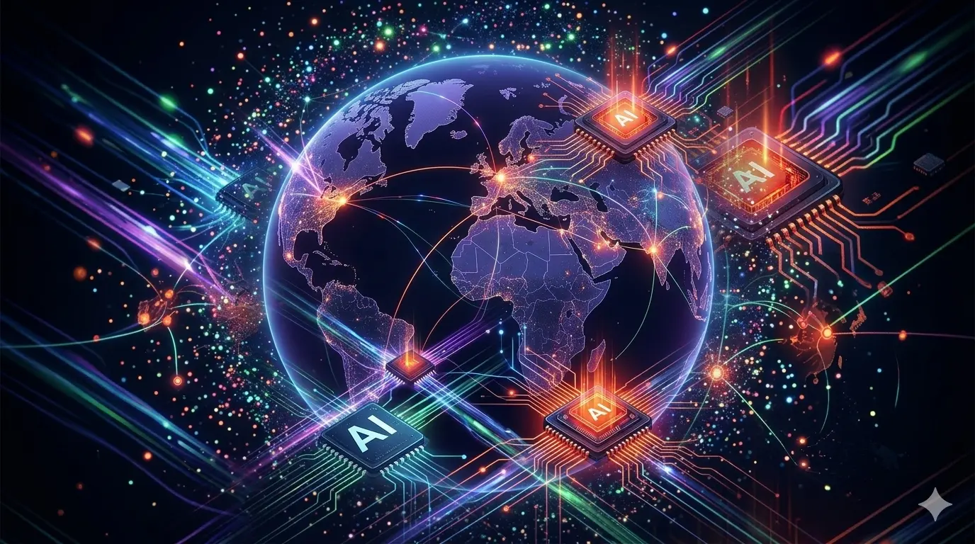 “Cinematic editorial illustration of a glowing digital globe connected to AI microchips through neon blue, orange, and purple data streams on a dark high tech background, symbolizing the global semiconductor network powering artificial intelligence and data infrastructure