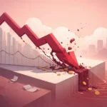 **SEO-friendly Alt Text:** “Minimalist editorial illustration of a crashing stock market symbolized by a large red downward arrow breaking through a financial chart platform, with scattered coins and a muted city skyline in the background, representing the sharp fall in Sensex and Nifty.”