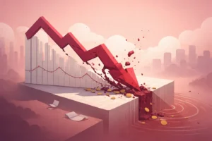 **SEO-friendly Alt Text:** “Minimalist editorial illustration of a crashing stock market symbolized by a large red downward arrow breaking through a financial chart platform, with scattered coins and a muted city skyline in the background, representing the sharp fall in Sensex and Nifty.”