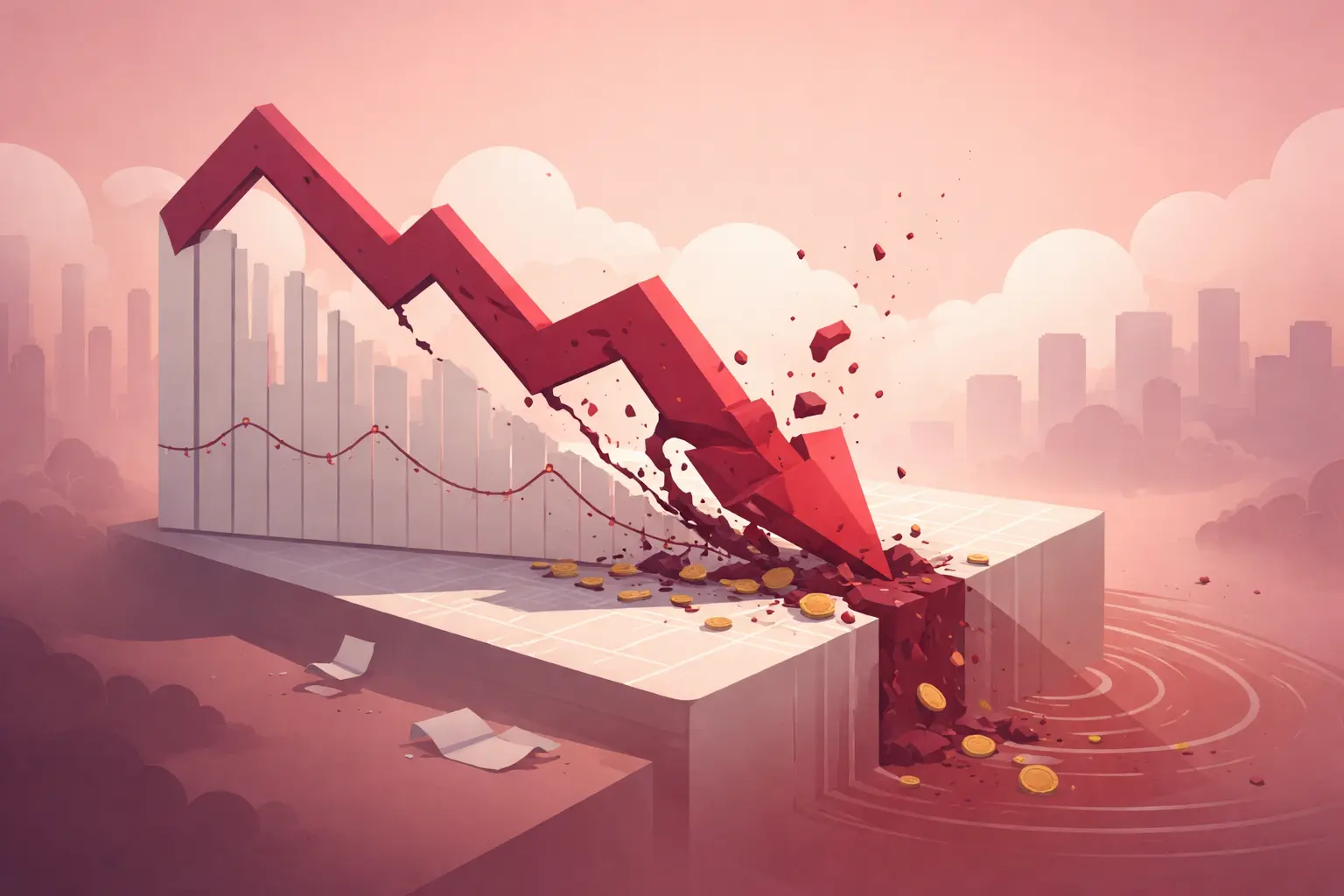 **SEO-friendly Alt Text:** “Minimalist editorial illustration of a crashing stock market symbolized by a large red downward arrow breaking through a financial chart platform, with scattered coins and a muted city skyline in the background, representing the sharp fall in Sensex and Nifty.”